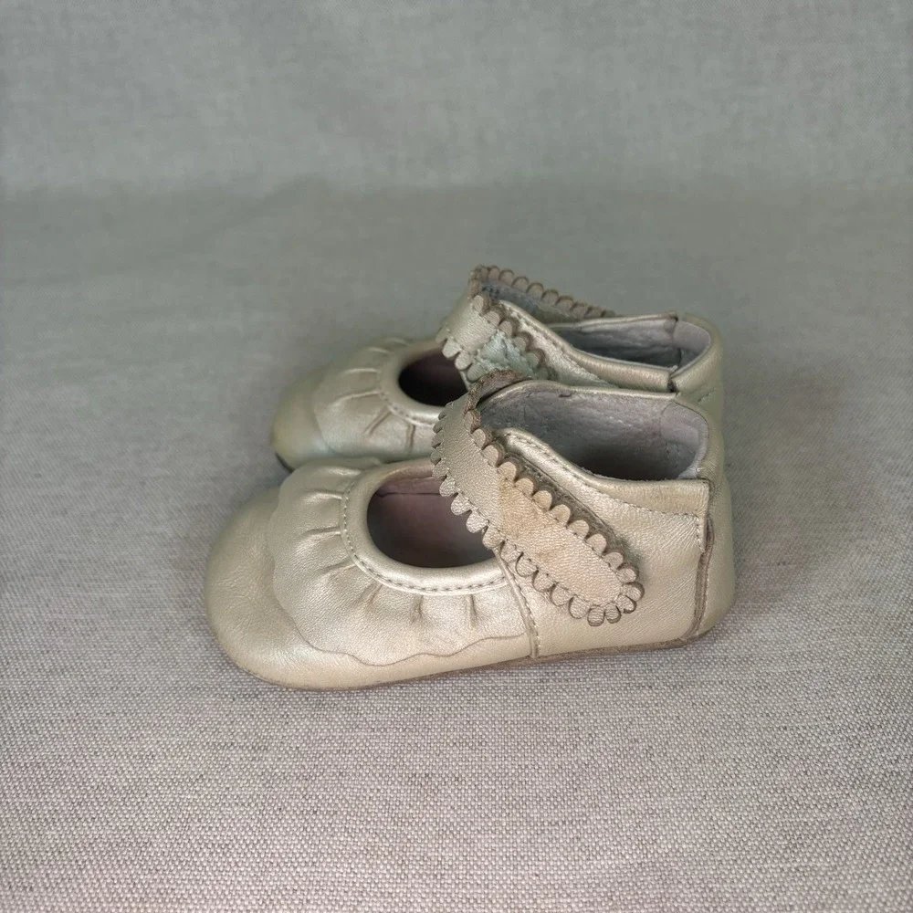Livie And Luca Champagne Gold‎ Leather Ruche III Mary Jane Shoes 9-12 Months